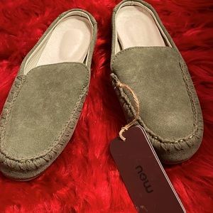 Light green flat open back loafer.
